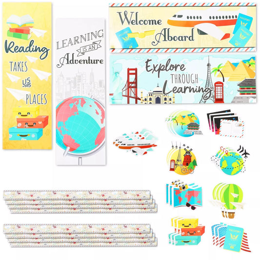 Bulletin Board Borders and Cutouts - Travel Theme Classroom Decor, 42 Pieces