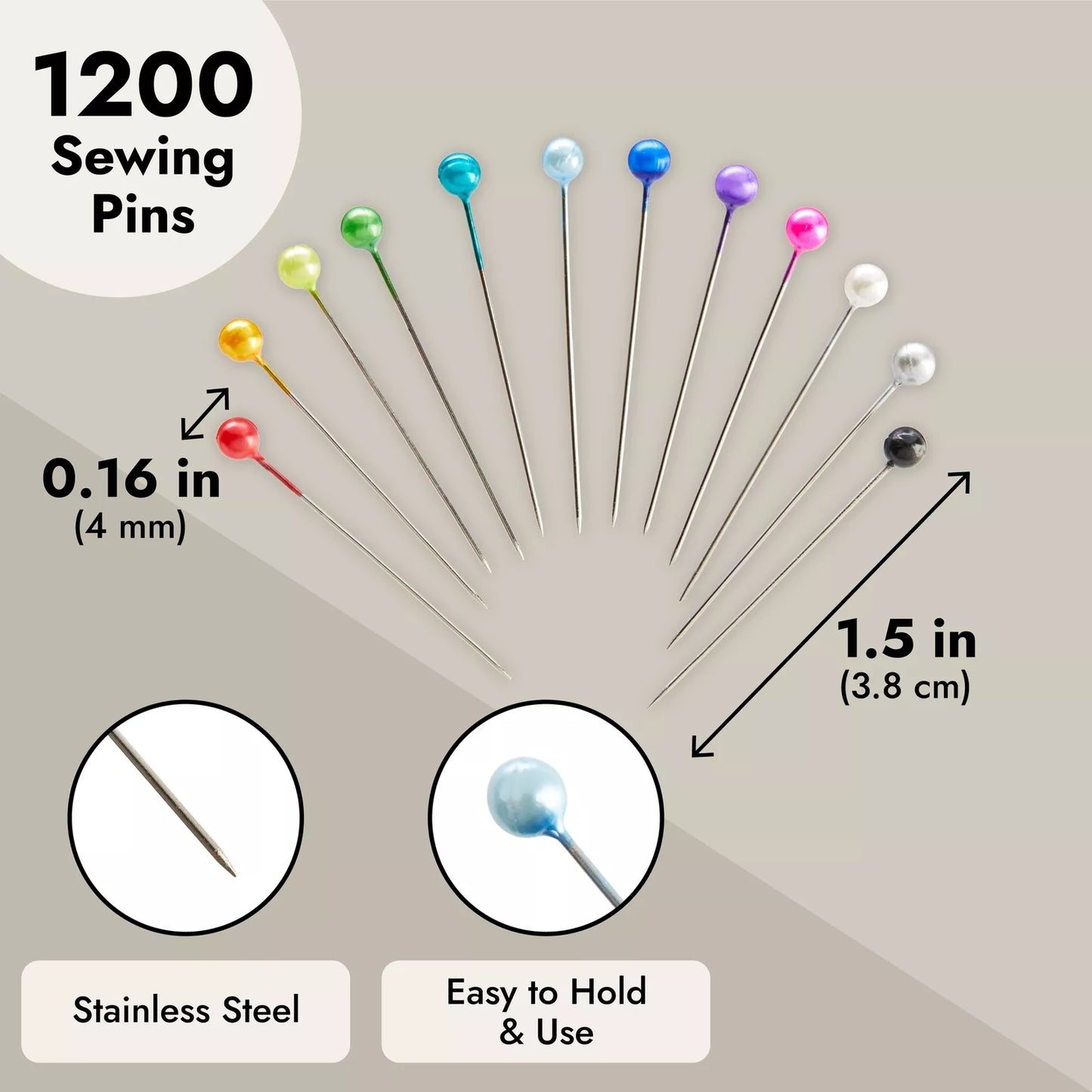 1200-Piece Sewing Pins for Fabric 1.5 In with Colored Ball Heads