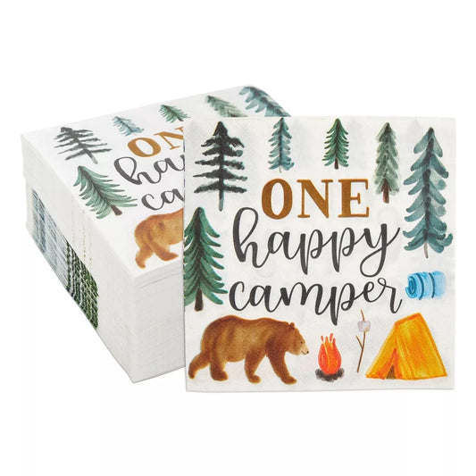 Camping Napkins for 1st Birthday Party Supplies, One Happy Camper (6.5 In, 100x)