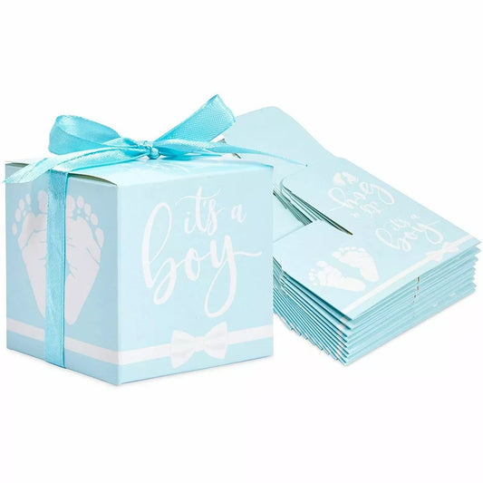 50 Pack "It's a Boy" Baby Shower Favor Boxes with Ribbons (Blue)