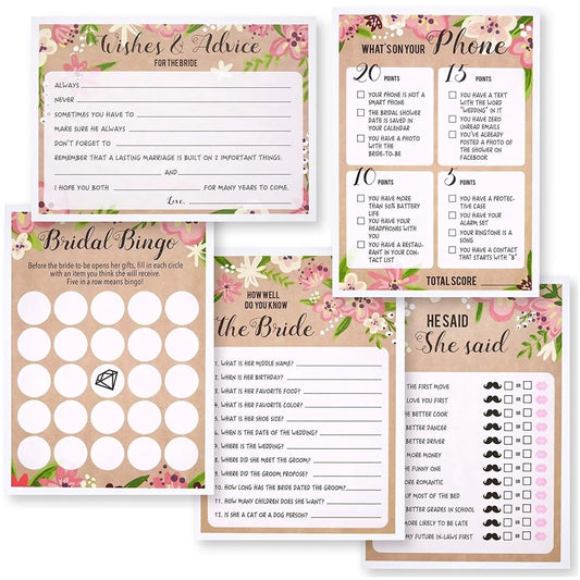 5 Bridal Shower Games - For Engagement, Bridal, Wedding Parties, Serves 50 Guests