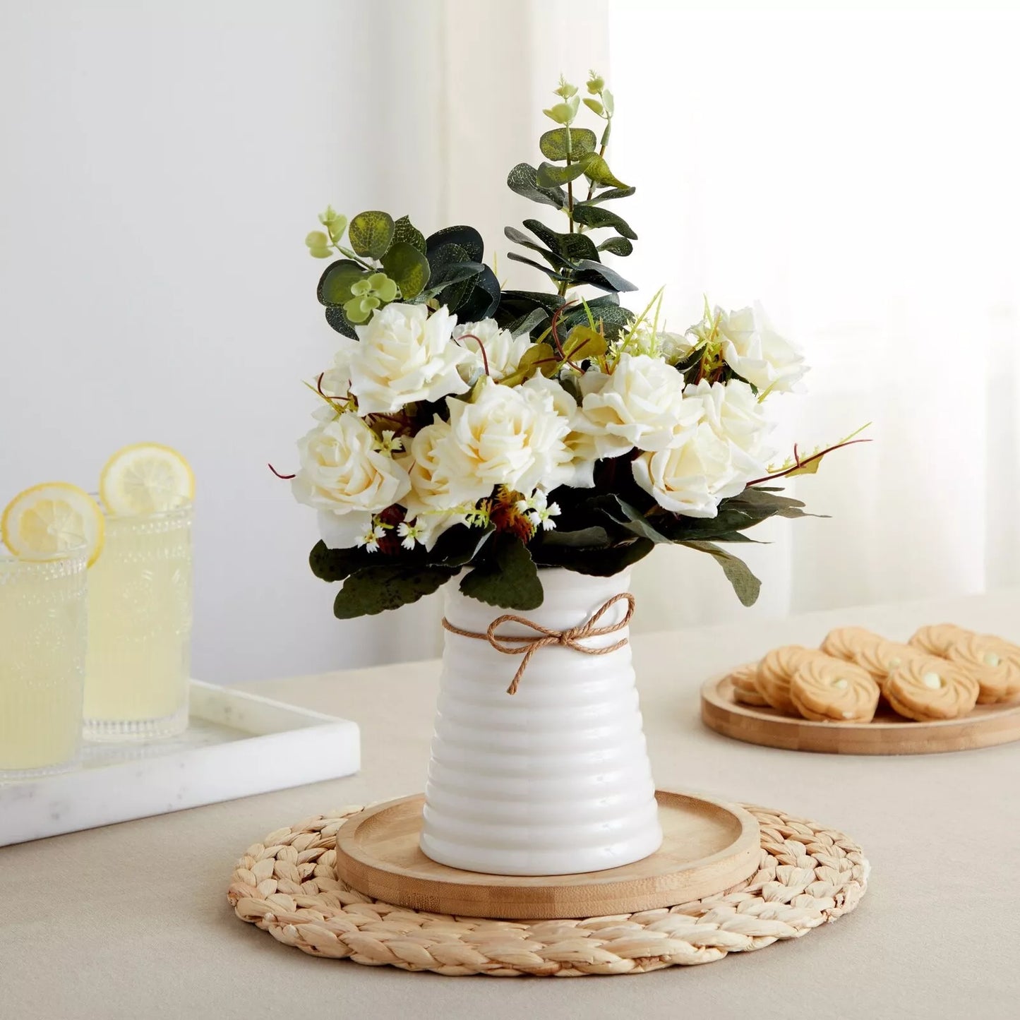 White Rose Artificial Flowers with Ceramic Vase Set of 3