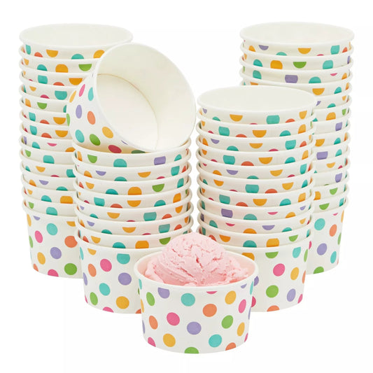 50 Pack Polka Dot Ice Cream Sundae Cups - 8 oz Disposable Frozen Dessert Bowl