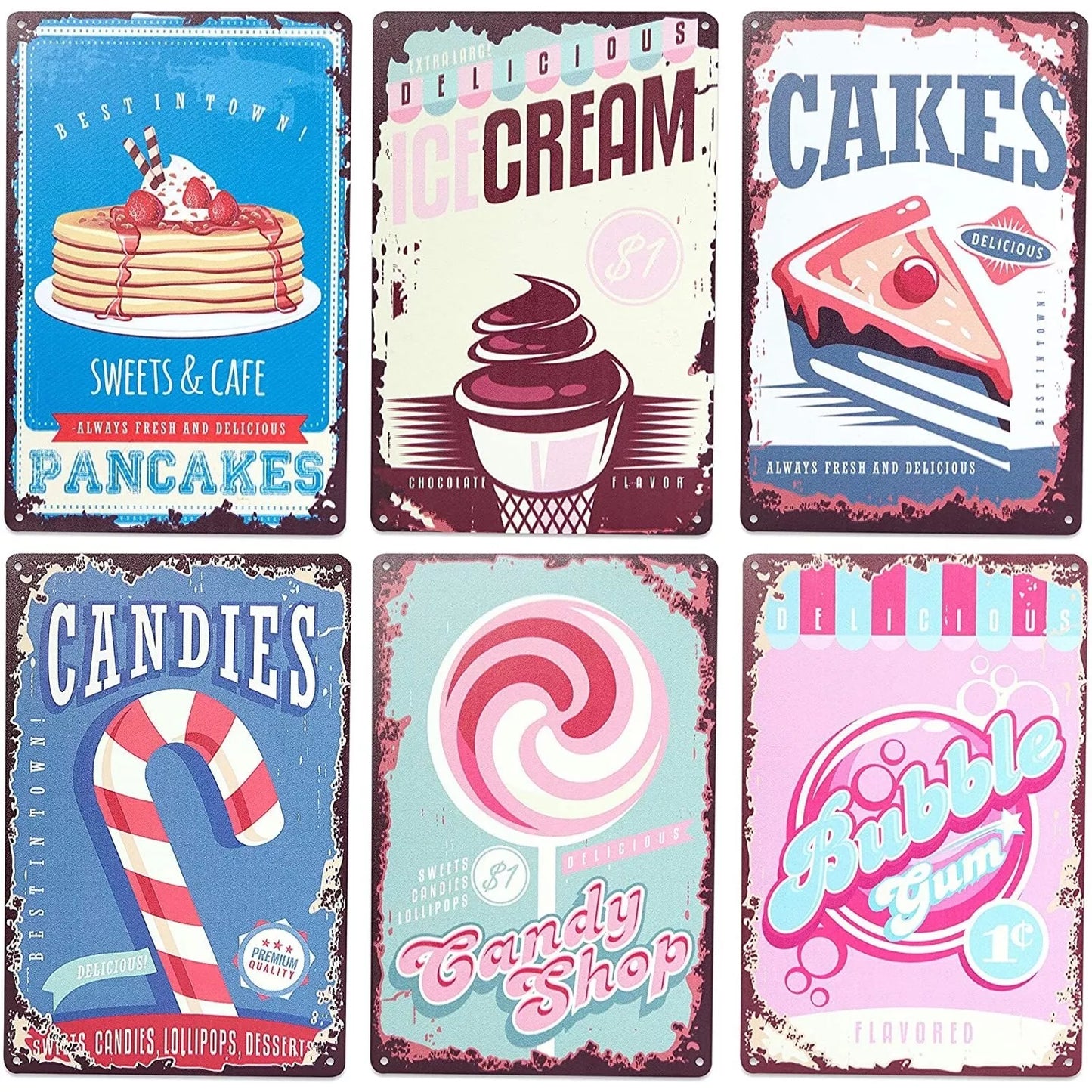 6-Pack Retro Metal Kitchen Signs, Vintage Design Wall Art