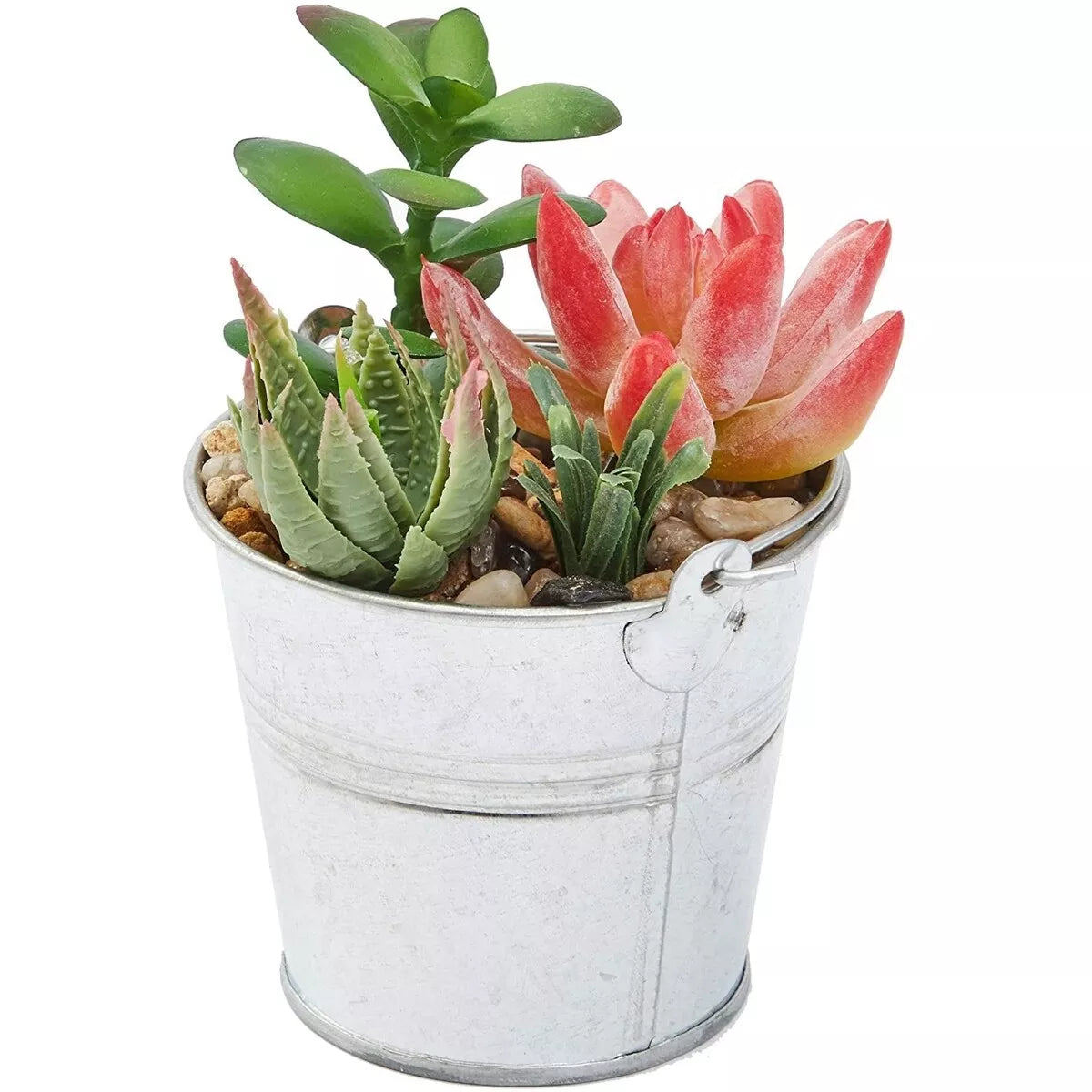 4 Artificial Colorful Succulents in Iron Buckets 6.5 Inch