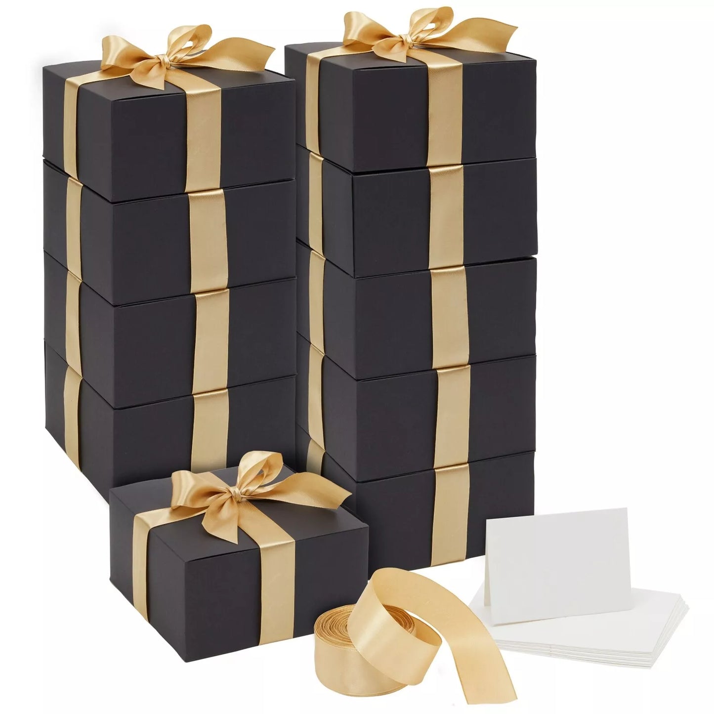 10-Pack Black Gift Boxes with Lids and Ribbons - 8x8x4 Inches