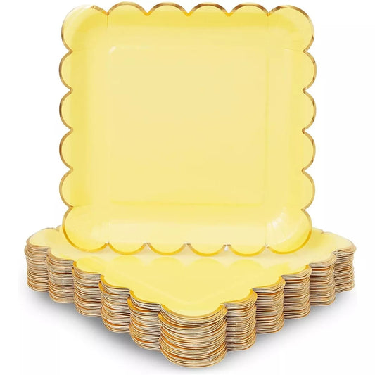 48-Pack Pastel Yellow Square Paper Plates, Gold Foil Scalloped Edge (9 In)