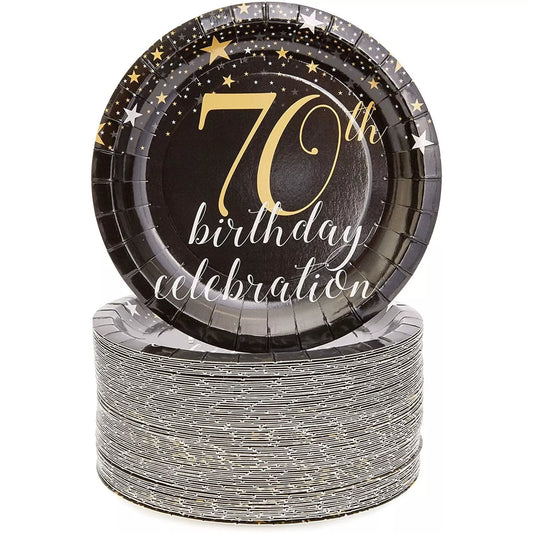 Sparkle and Bash 70th Birthday Paper Plates (80 Count), 7", Gold & Black