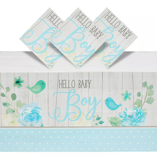 3 Pack Blue Hello Baby Boy Tablecloths for Baby Shower, 54 x 108 In