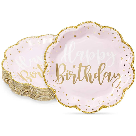 48 Pack Pink Happy Birthday Party Paper Plates with Gold Glitter Edges, 9 In