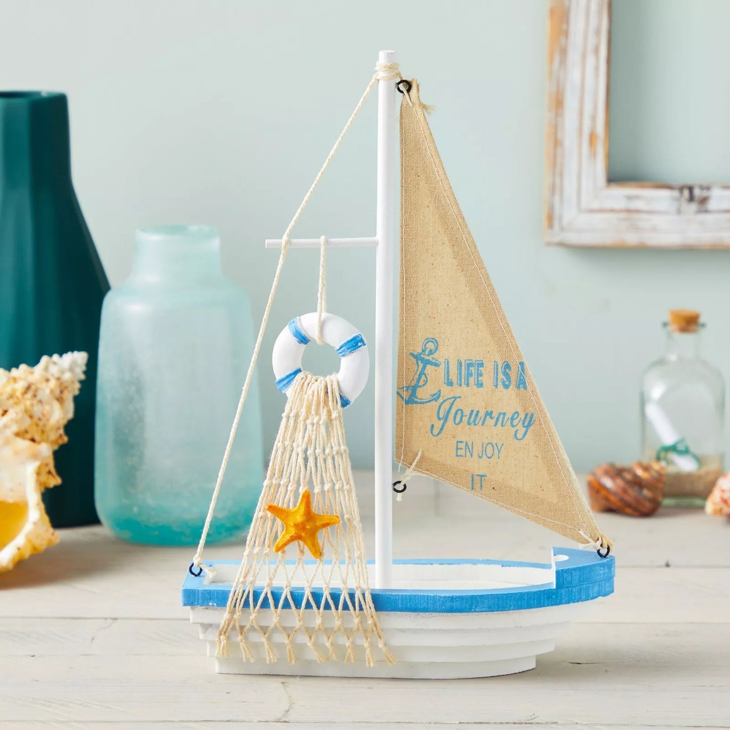 Wooden Sailboat Model 13x8x3-Inch for Nautical Bathroom