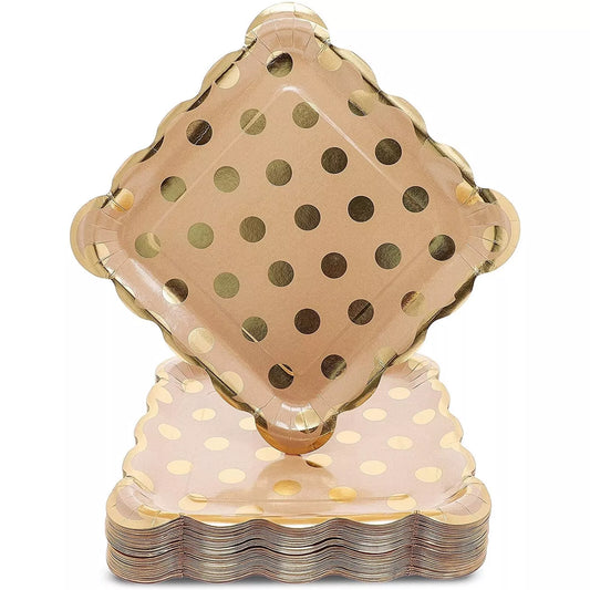 48-Pack Kraft Disposable Plates Decorative Plates with Gold Foil Dots for Party