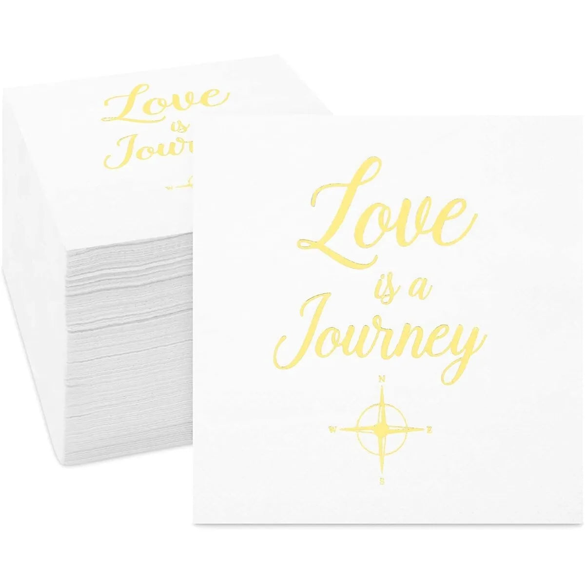 100 Wedding Cocktail Napkins - "Love is a Journey" Gold Foil, 5 x 5 in