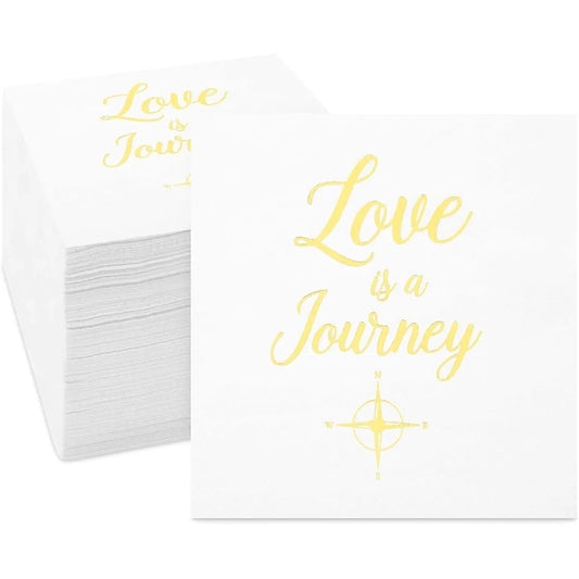 100 Wedding Cocktail Napkins - "Love is a Journey" Gold Foil, 5 x 5 in