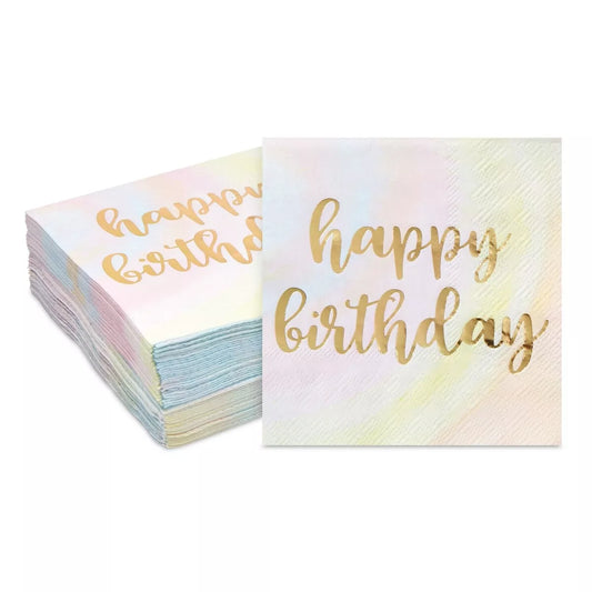 Rainbow Pastel Party Decorations, Happy Birthday Tie Dye Napkins (5 In, 50 Pack)