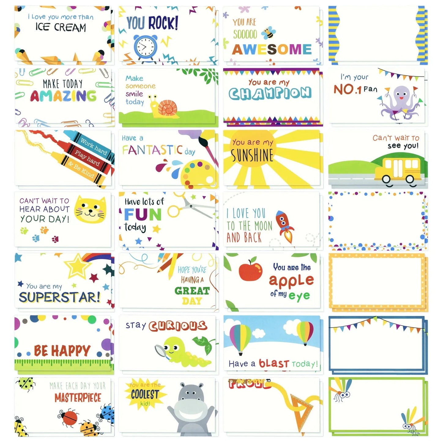 60-Pack Motivational Lunch Box Notes for Kids, Inspirational Cards, 30 Designs