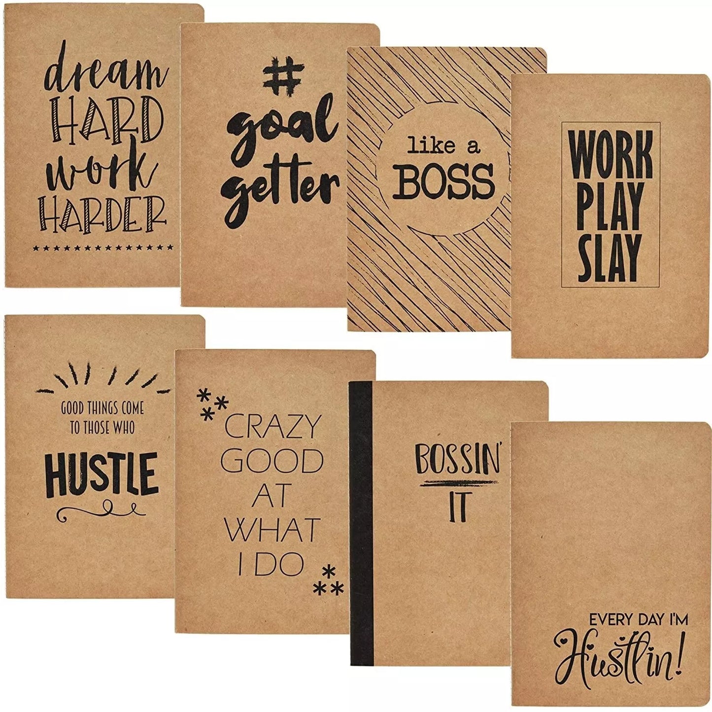 8-Pack Lined Kraft Motivational Notebooks - 8 Designs, 80 Sheets Each