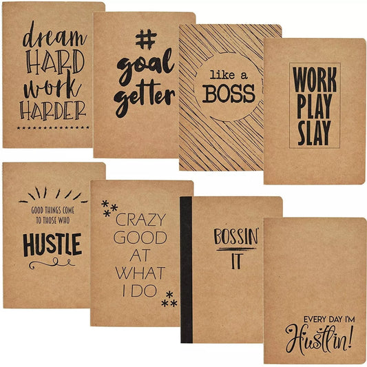 8-Pack Lined Kraft Motivational Notebooks - 8 Designs, 80 Sheets Each