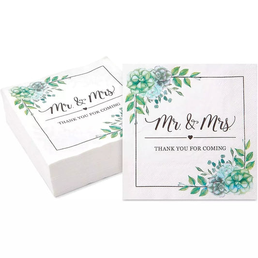 100 Pack 6.5" Mr. and Mrs. Paper Napkins for Wedding