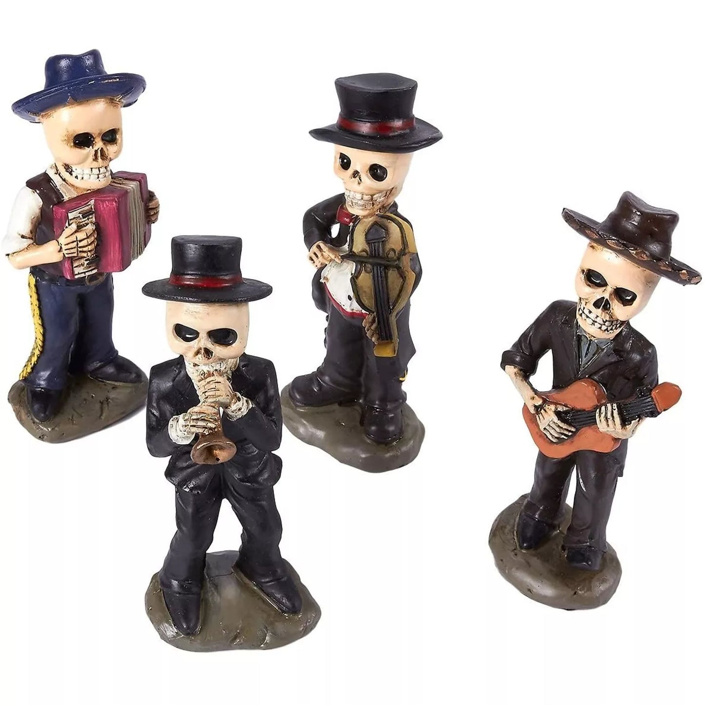 4-Pack 5.5-Inch Skeleton Figurines, Skull Mariachi Band