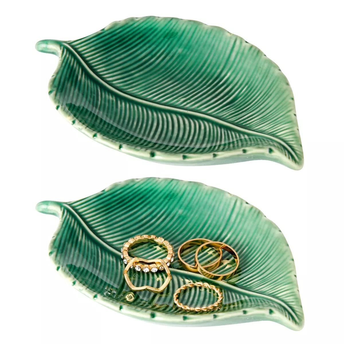 2 Pack Green Leaf Shaped Trinket Tray, Small Ceramic Jewelry Dish, 5.3x3.6x0.8"