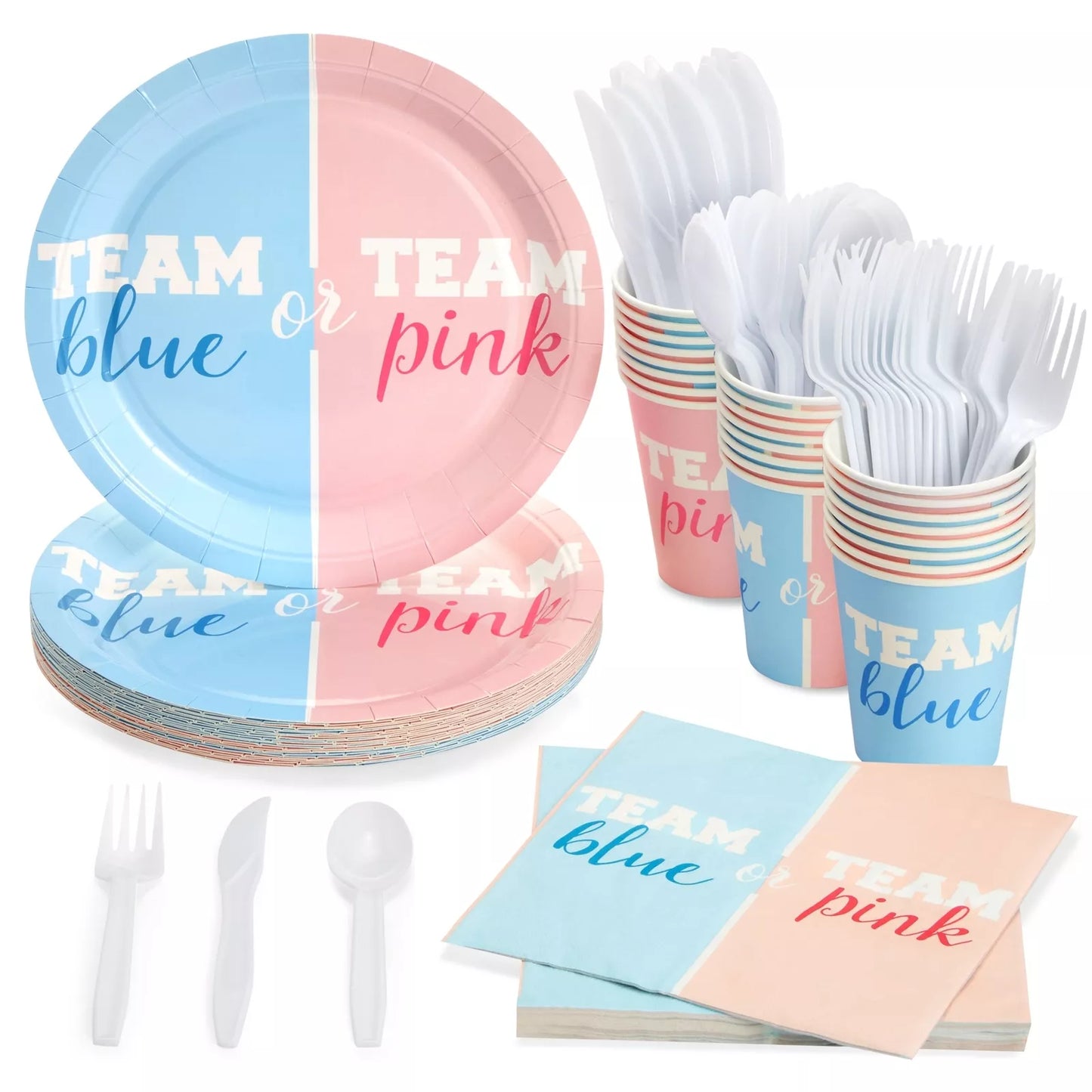 144 Piece Gender Reveal Party Supplies Dinnerware, Team Boy, Team Girl,Serves 24