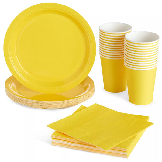 Yellow Party Supplies Set - 72 Pieces with Paper Plates, Cups, and Napkins, Serves 24