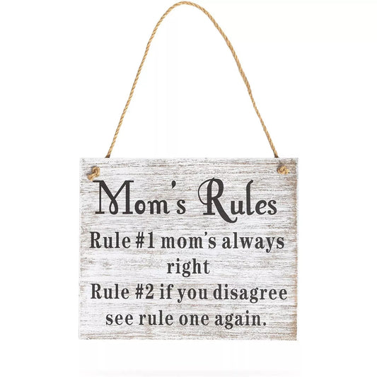 Hanging Mom's Rules Wood Wall Sign Coffee Color 9.5x1 x1-Inch