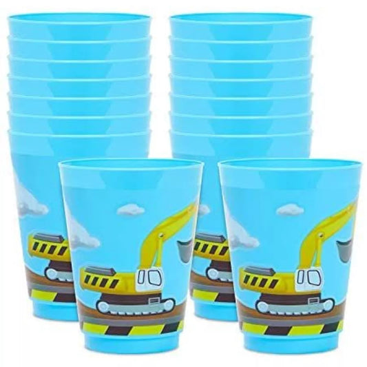 16 oz Plastic Tumbler Cups, Construction Birthday Party Supplies (Blue, 16 Pack)