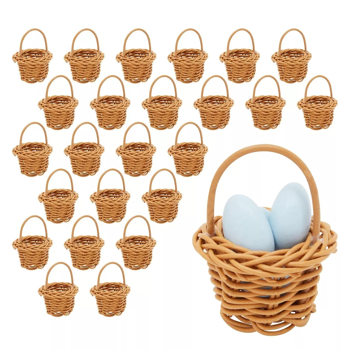 24 Pack Mini Rattan Picnic Baskets - 2.75 Inch with Handles, Baby Shower