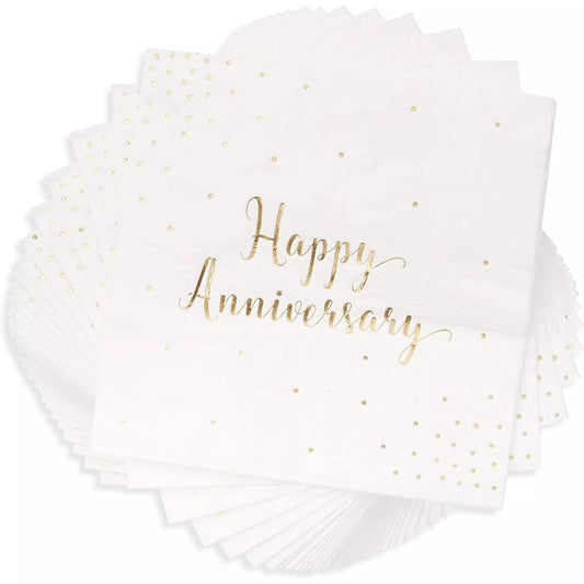 50-Pack Cocktail Napkins - Happy Anniversary Printed in Gold Foil Confetti