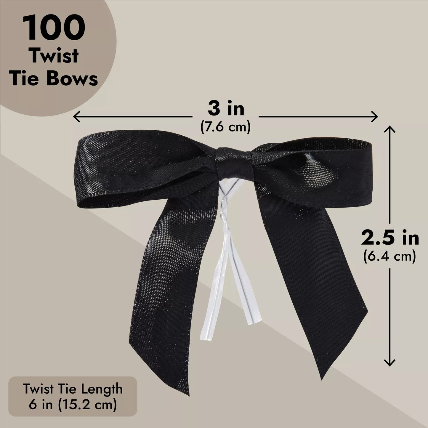 100-Pack Black Twist Tie Bows Pre-Tied Satin Ribbon