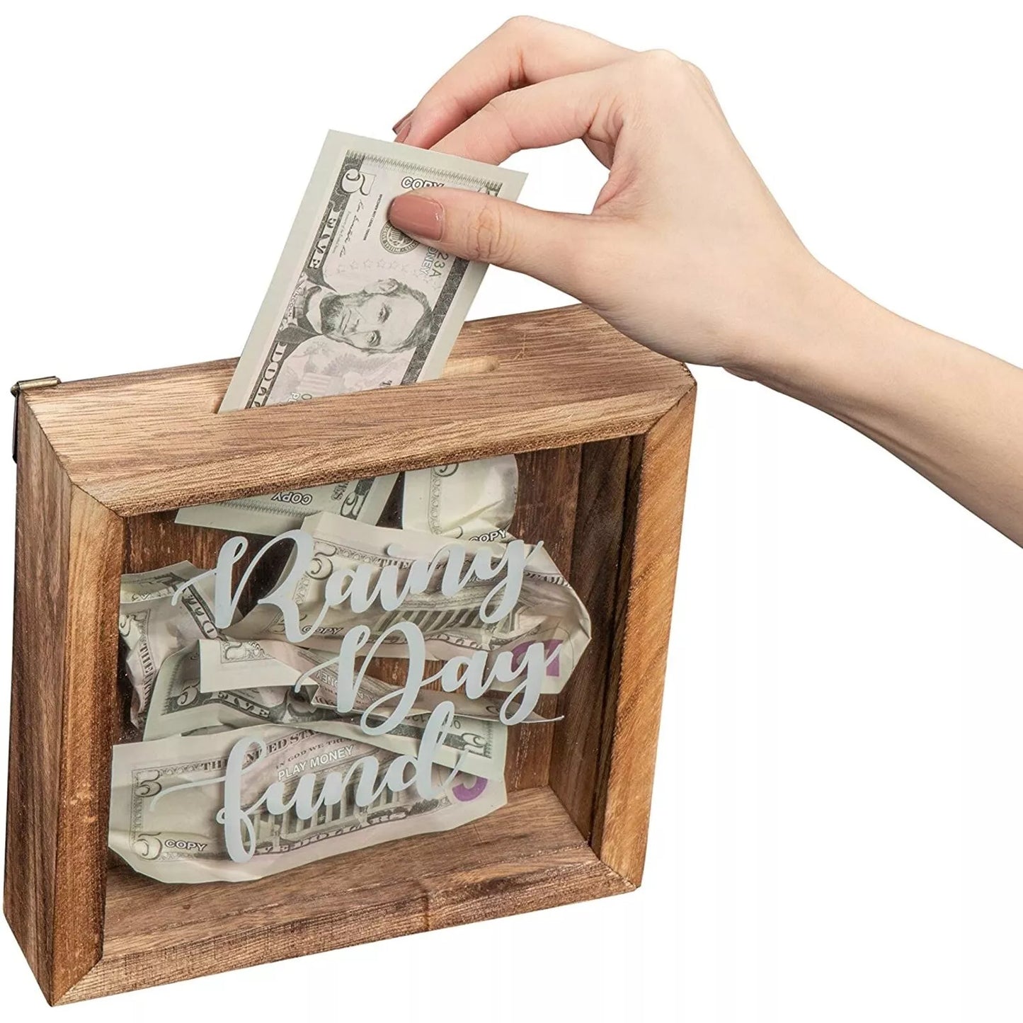 Wooden 'Rainy Day Fund' Shadow Box Bank Piggy Money Saving