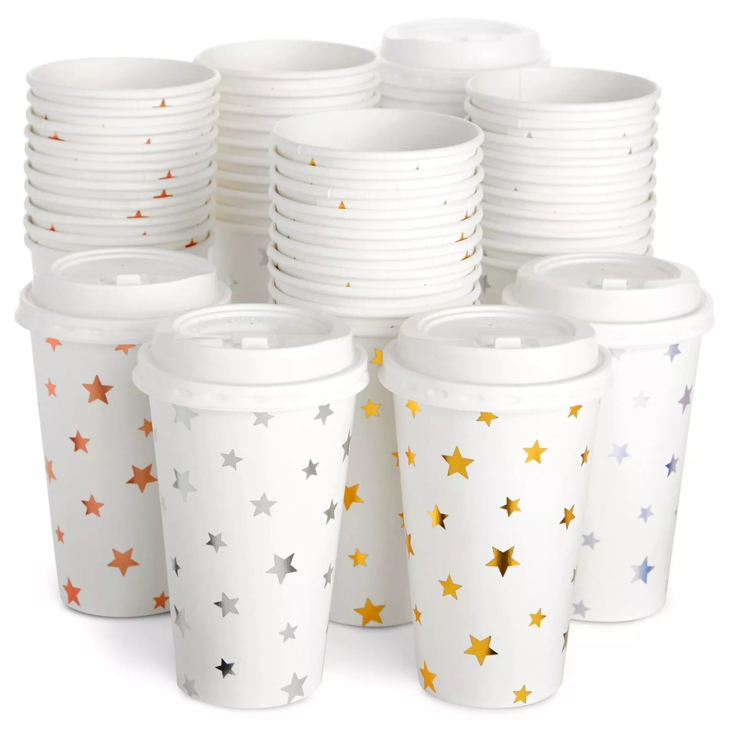 48 Pck Disposable Hot Coffee Cups with Lids, 4 Assorted Foil Star Designs, 16 Oz