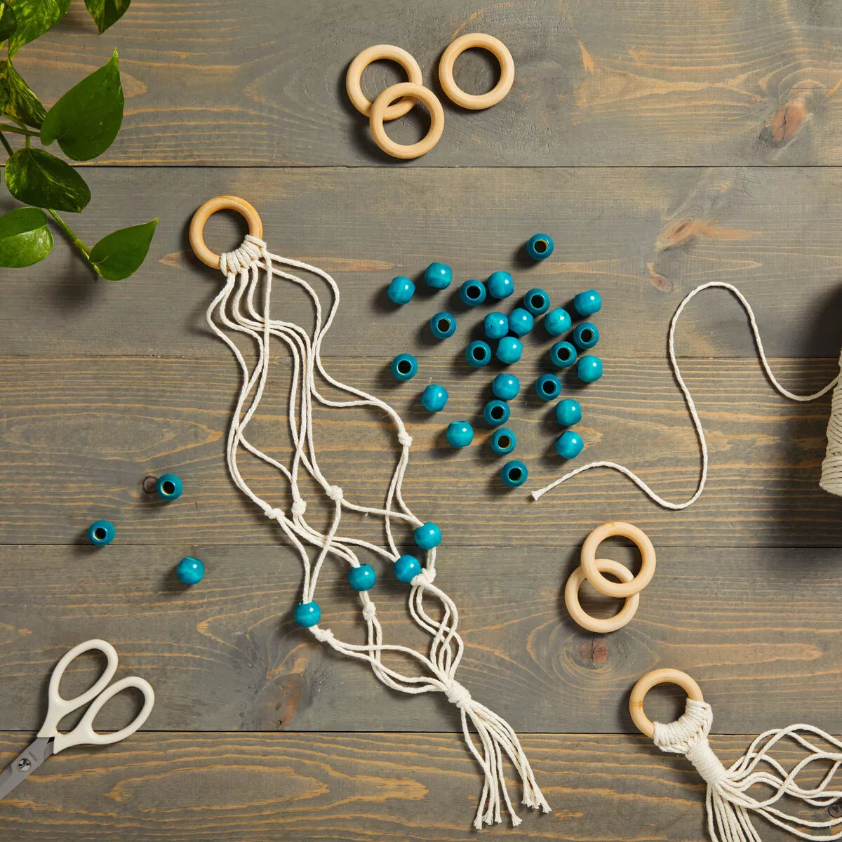 80-Piece Macrame Making Set, Unfinished Teal Wood Beads & Wooden Rings