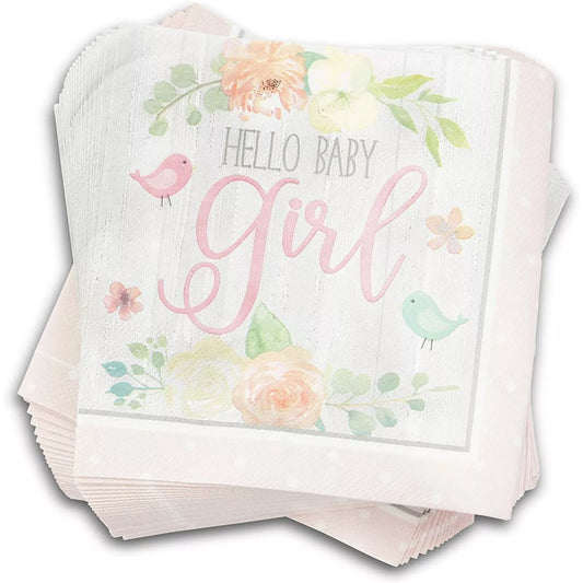 100Pcs Hello Baby Girl Party Paper Napkins 6.5" for Baby Shower Decorations