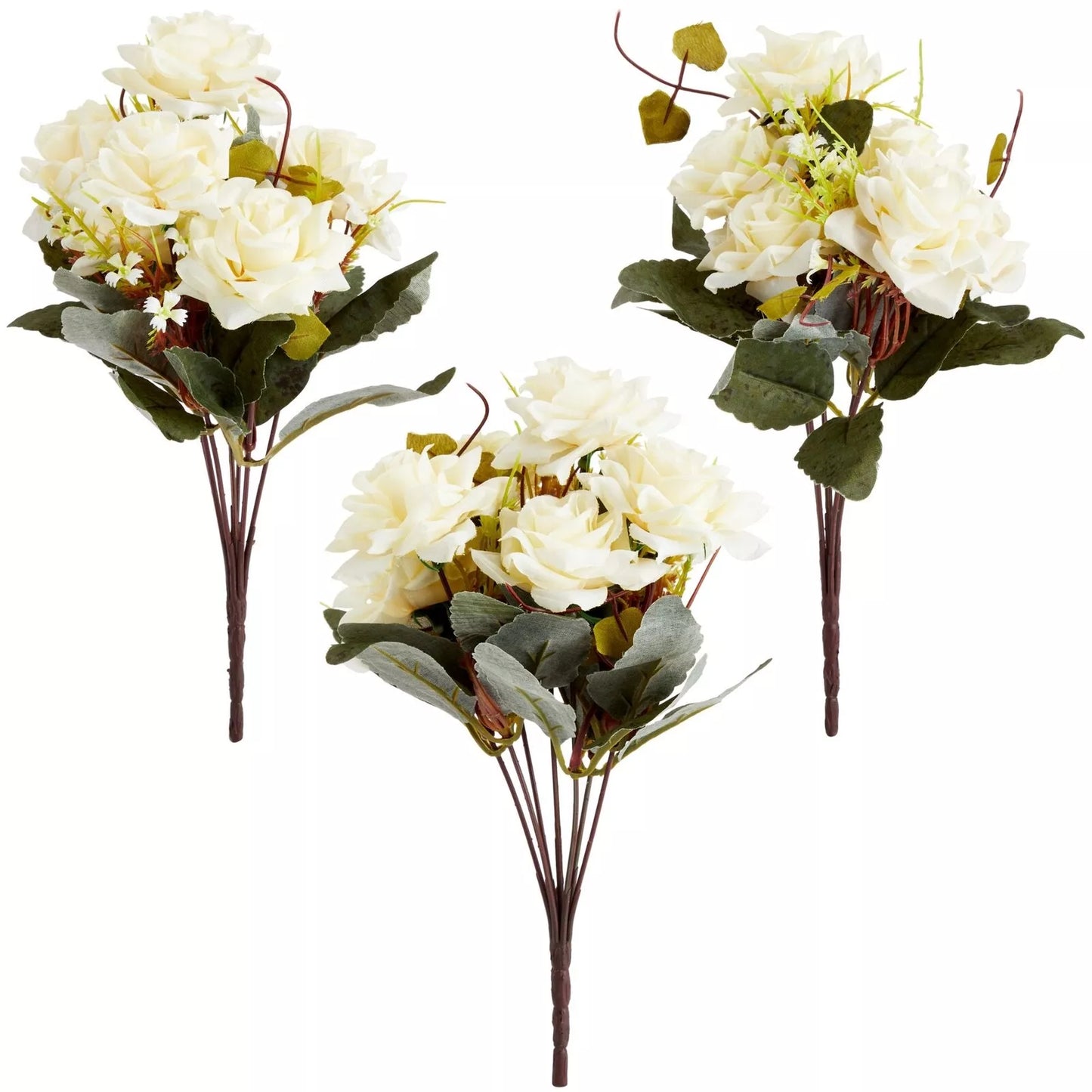 White Rose Artificial Flowers with Ceramic Vase Set of 3