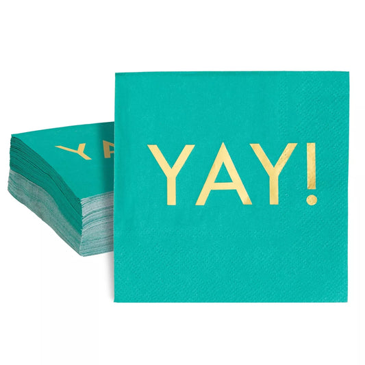 50 Teal Paper Napkins with Gold Foil "YAY" - 3-Ply, 5 x 5 in, Party Supplies