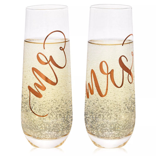 Mr and Mrs' Stemless Champagne Flutes - Rose Gold