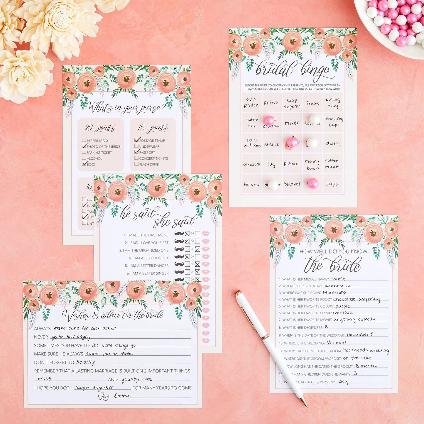 Set of 5 Pink Floral Bridal Shower Games for 50 Guests