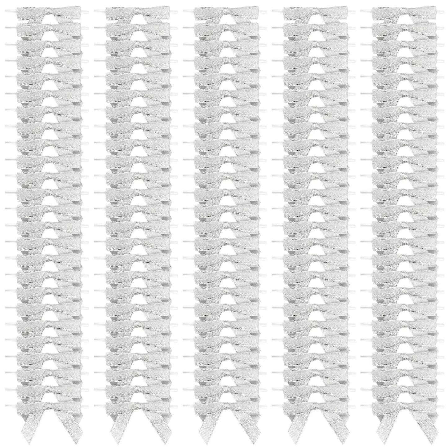 100 Pack Silver Satin Bow Twist Ties with Clear Twist Ties for Treat Bags, 3"