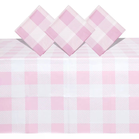 3 Pack Pink Plaid Table Covers for Camping Themed Party Supplies, 5 x 9 Feet