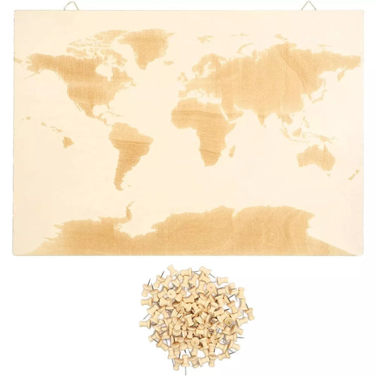 Wooden World Map for Wall Display with 100 Push Pins