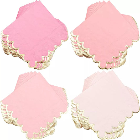 100 Pack Pink Scalloped Party Napkins, 4 Shades, 5x5