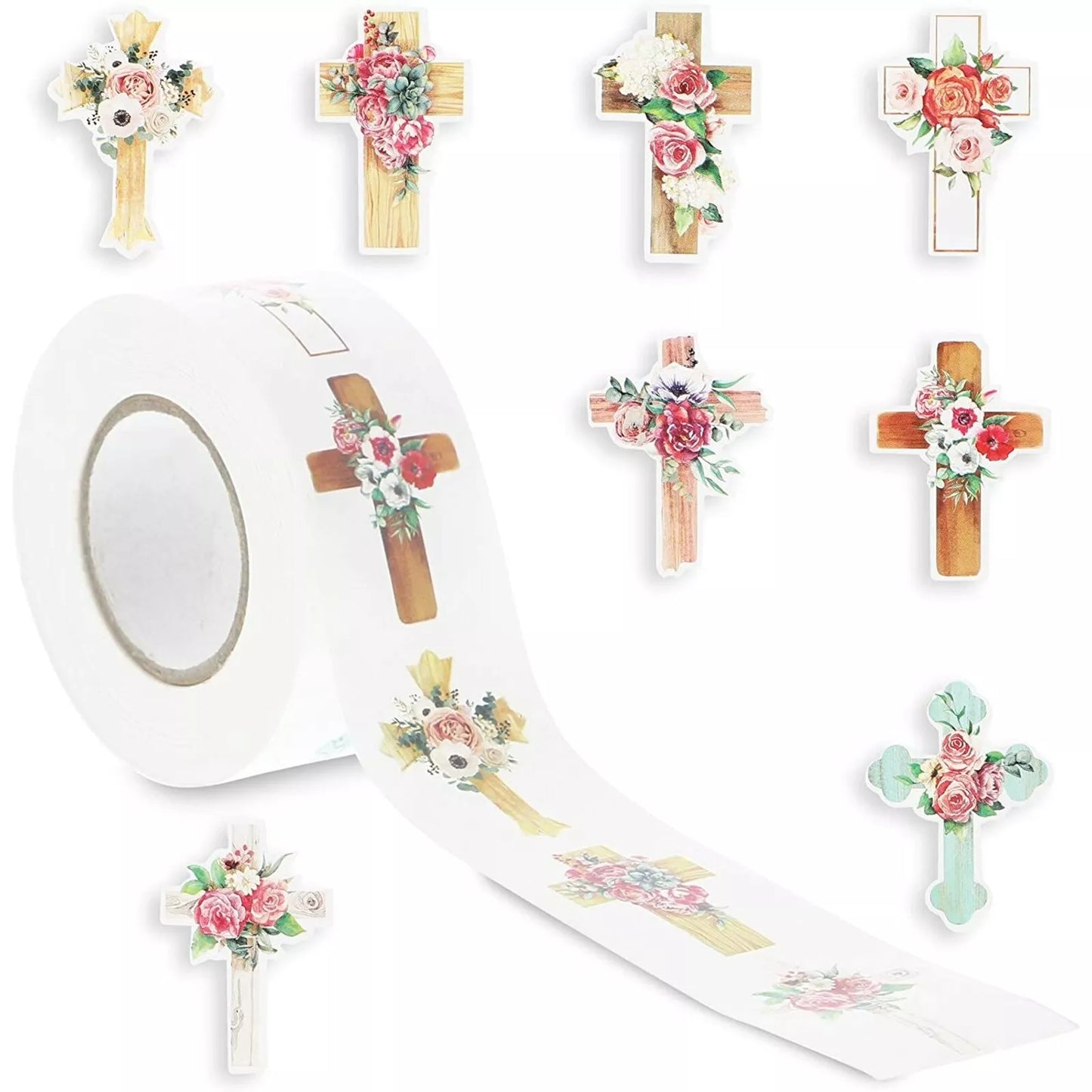 500 Christian Stickers with 8 Floral Cross Designs, 1x1.5 Inch