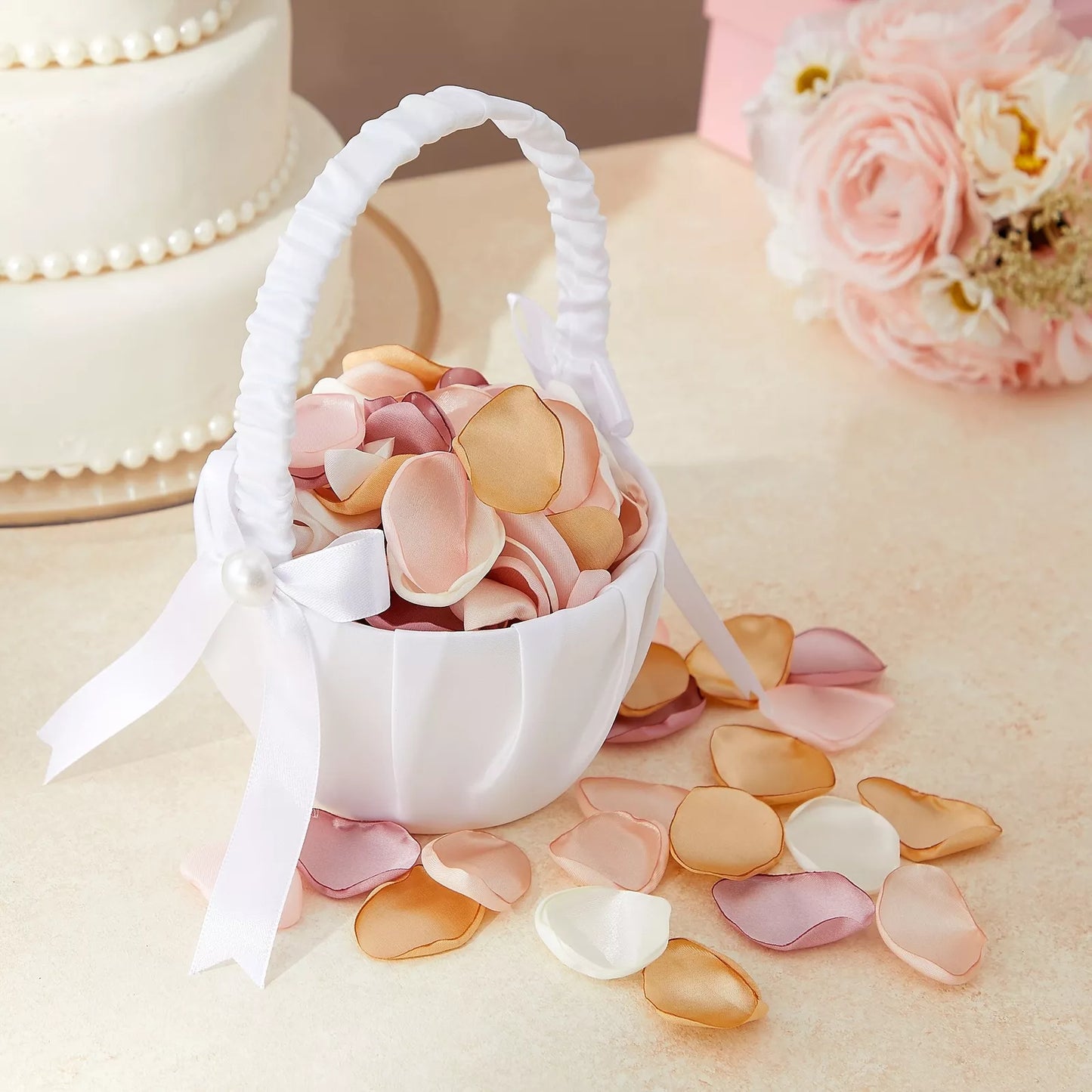 White Flower Girl Satin Bow with Pearl Basket