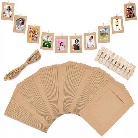 50-Pack Cardboard Picture Frames with Clips & Paper String