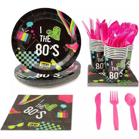 80s Birthday Party Decorations - Serves 24, Includes Plates, Cups, Napkins, Cutlery