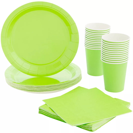 24-Piece Green Party Supplies - Disposable Dinnerware Set with Paper Plates, Cups, and Napkins