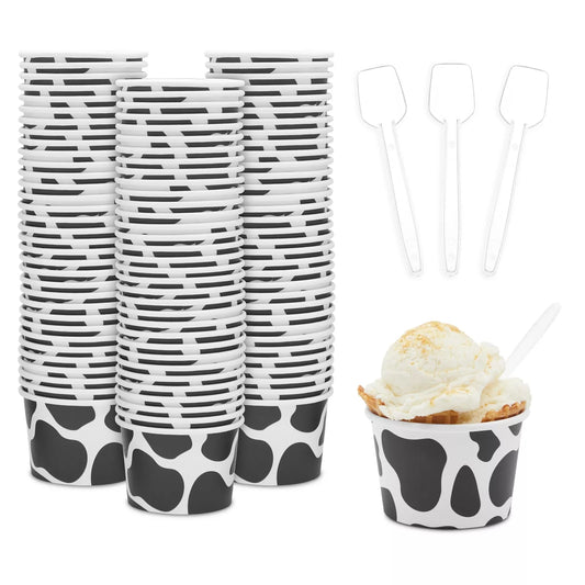 Cow Paper Ice Cream Cups with Spoons, Farm Birthday Party Supplies (8 oz, 100x)